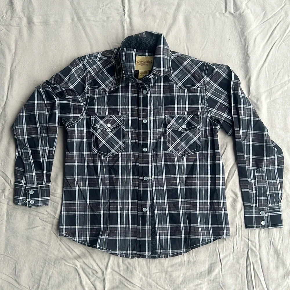 Cowgirl Legend Girl Black w Metallic Plaid Pearl Snap Long‎ Sleeve Shirt LRG NWT